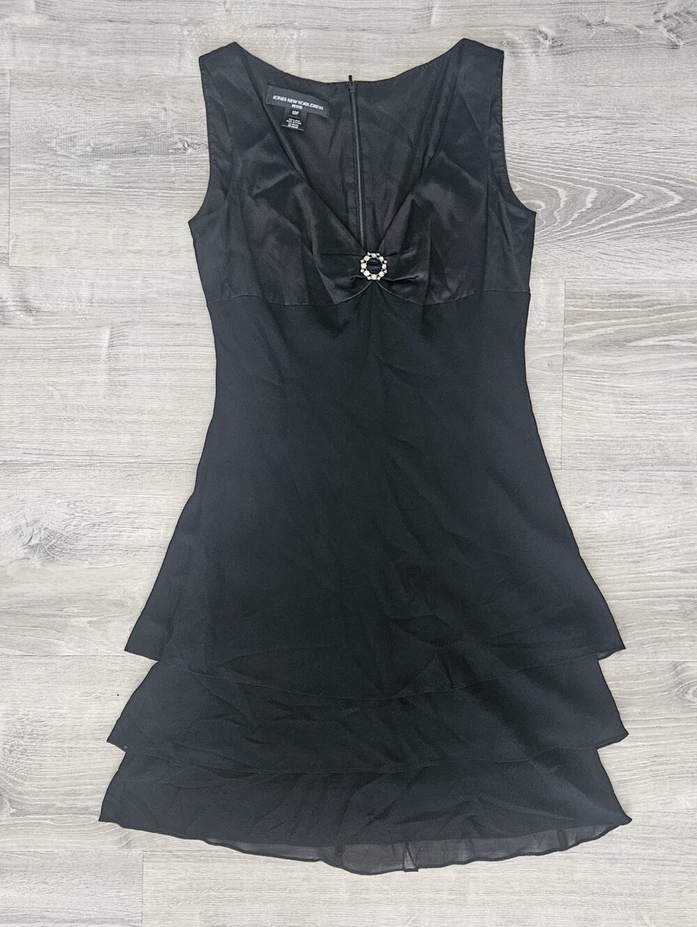 Jones NY Silk Tiered Ruffle Ruched Bust Rhinestone Black Cocktail Dress 10P LBD